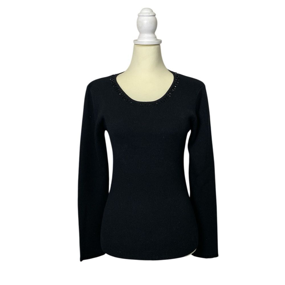 Vintage Lisa International Black Silk Blend Ribbed Knit Sweater Beaded Size S